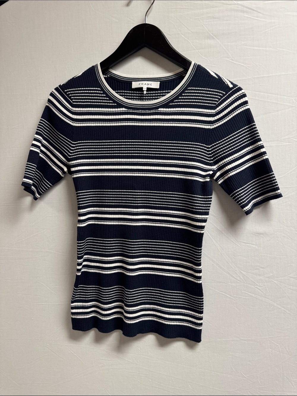 Frame Denim Navy & White Striped Short Sleeve Rib Knit Top